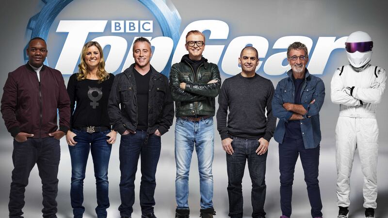 Rory Reid, Sabine Schmitz, Matt LeBlanc, Chris Evans, Chris Harris, Eddie Jordan and The Stig, who have been announced as the full line-up for BBC&#39;s Top Gear programme Picture by PA 