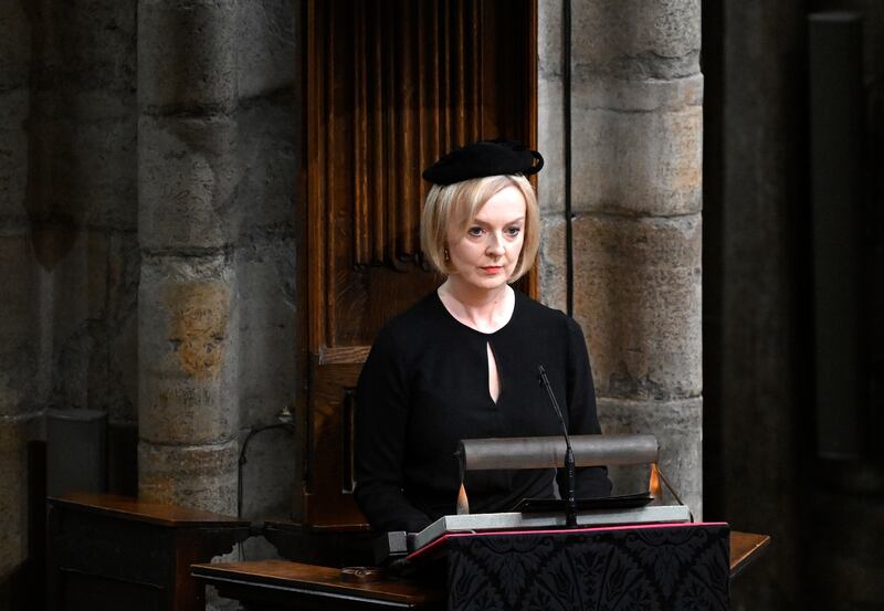 Prime Minister Liz Truss speaks during the State Funeral of Queen Elizabeth II, held at Westminster Abbey, London. 