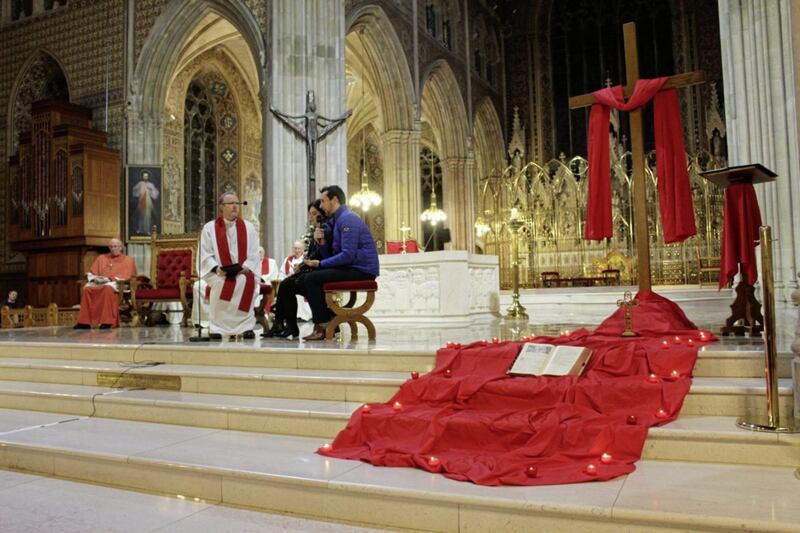 During a Red Wednesday event in St Patrick&#39;s Cathedral, Armagh last year, Archbishop Eamon Martin spoke to teachers Colleen Gribben and Gerard Devine about how they give witness to their own faith. Picture by Gerard Ryan 
