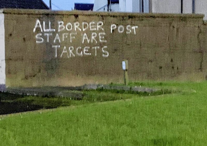 The graffiti that appeared in Larne this week. Brexit-related checks on goods were subsequently suspended 