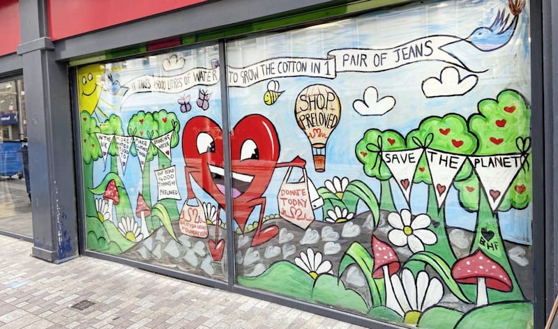 The striking window display at the BHF Belfast shop encouraging shoppers to shop more sustainably 