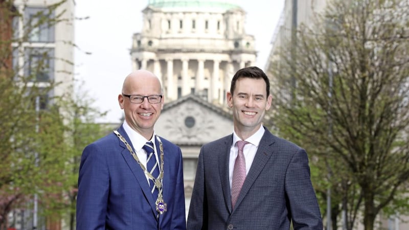 New Chartered Accountants Ulster Society chairman Richard Gillan (left) with outgoing chair Niall Harkin. Photo: Darren Kidd/PressEye 