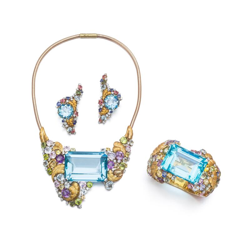 Dame Shirley Bassey’s aquamarine, sapphire, diamond and gemset set