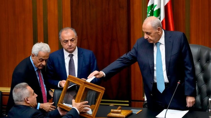 Lebanese Parliament Speaker Nabih Berri casts his vote (Hassan Ammar/AP)