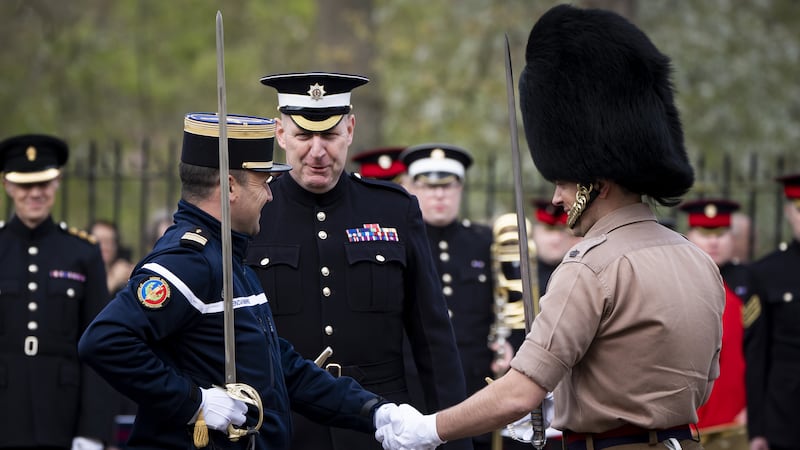 Personnel from the Gendarmerie’s Garde Republicaine and the British Army’s Scots Guards