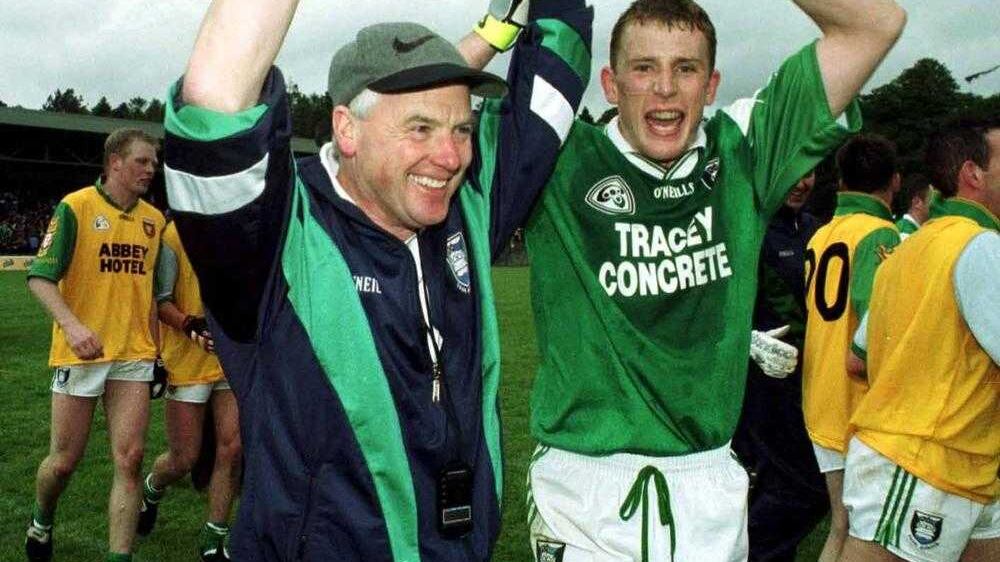Paul Brewster and the late Pat King celebrate Fermanagh's Ulster Championship victory over Donegal in 2000