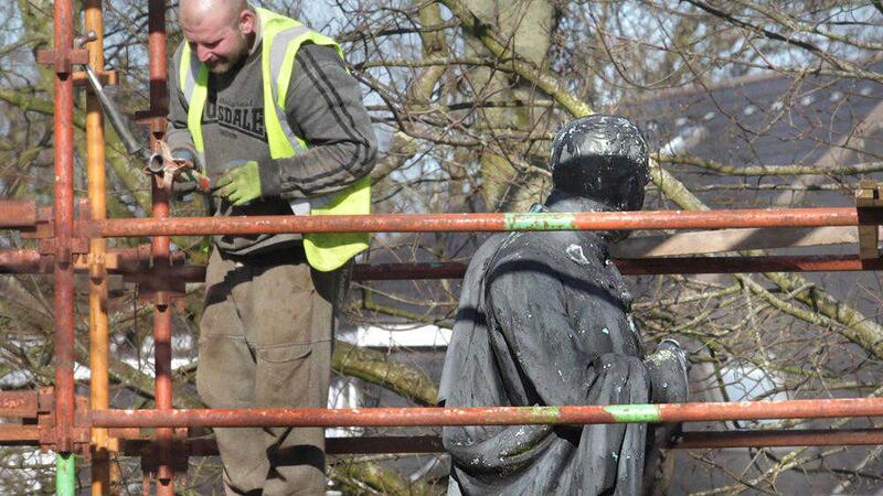 The statue in Derry&#39;s Brooke Park known locally as &#39;the black man&#39; is prepared for extensive renovations. Picture Margaret McLaughlin 