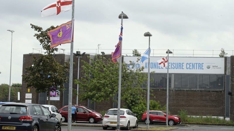 Flags in the car park of Avoniel Leisure Centre, east Belfast 