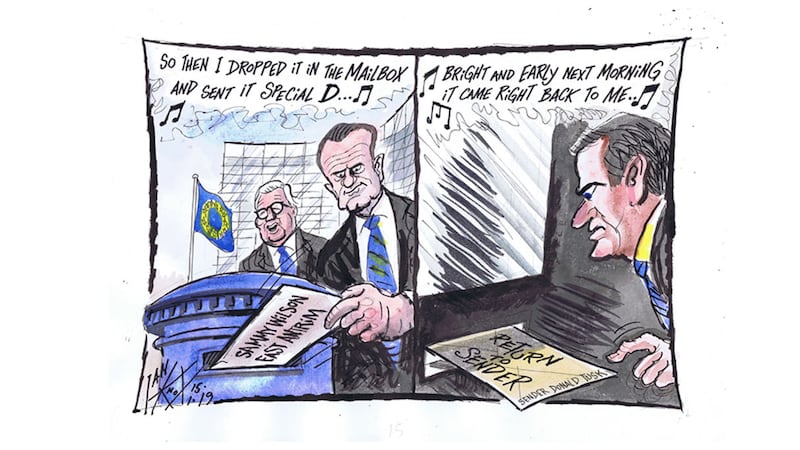 Ian Knox cartoon 15/1/19: Juncker and Tusk send a letter of reassurance to Theresa May but admit that nothing about deal can be changed. Corbyn describes the letter as 'warm words'?, and the DUP are unimpressed&nbsp;