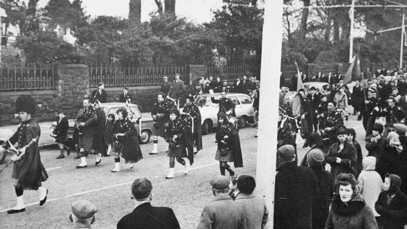 Gerry Davey leads St Joseph&#39;s AOH pipe band, Glassdrummond, along the Falls Road in 1966 to mark the 50th anniversary of the Easter Rising 