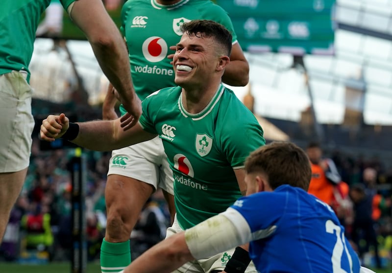Calvin Nash celebrates after scoring Ireland’s sixth try