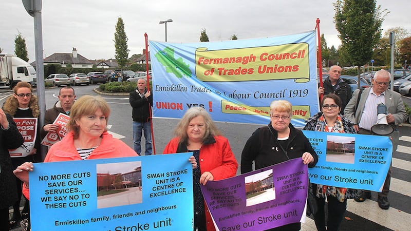 A protest taking place during the Western Health Trust savings consultation meeting held at the Foyle Arena in Derry today. Picture Margaret McLaughlin &nbsp;