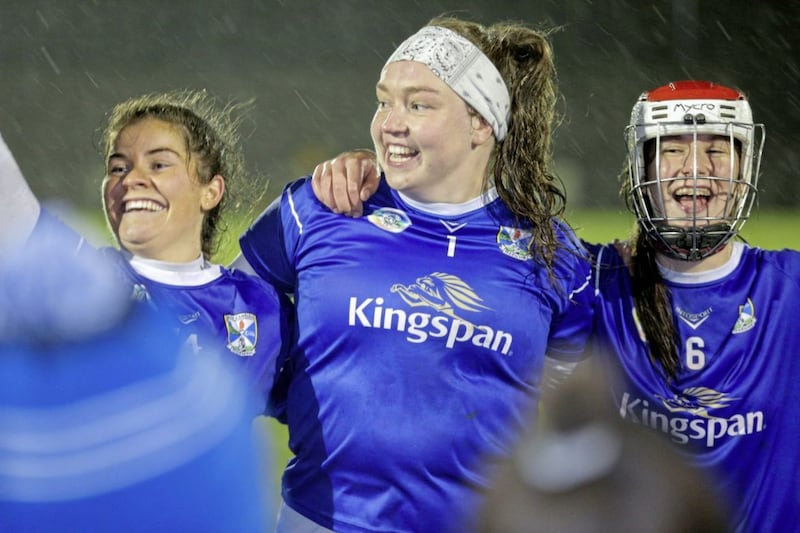 Nancy Murray Cup Final, Inniskeen Grattans GAA, Kednaminsha, Co. Monaghan on November 14 2020: Cavan&#39;s Shanise Fitzsimons, Laura Bambrick and Ciara Finnegan celebrate after defeating Tyrone to claim the honours. Picture by &copy;INPHO 