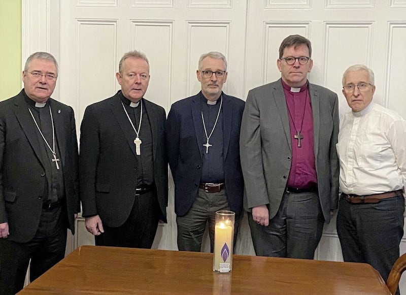 To mark Holocaust Memorial Day on Friday, the Church Leaders Group (Ireland) held a time of reflection as part of their meeting in Armagh. Pictured, from left, are Archbishop John McDowell, the Church of Ireland Primate of All Ireland; Archbishop Eamon Martin, the Roman Catholic Primate of All Ireland; the Revd David Nixon, the President of the Methodist Church in Ireland; Bishop Andrew Forster, the President of the Irish Council of Churches and Church of Ireland Bishop of Derry and Raphoe; and the Rt Revd Dr John Kirkpatrick, the Moderator of the General Assembly of the Presbyterian Church in Ireland. 