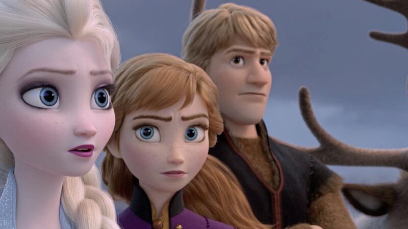 Elsa (voiced by Idina Menzel), Anna (Kristen Bell), Kristoff (Jonathan Groff) and Sven the reindeer in Frozen II 