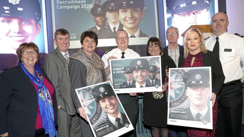 PSNI Chief Constable Simon Byrne with politicians, including Dolores Kelly and Gerry Kelly at a PSNI recruitment event in February.  