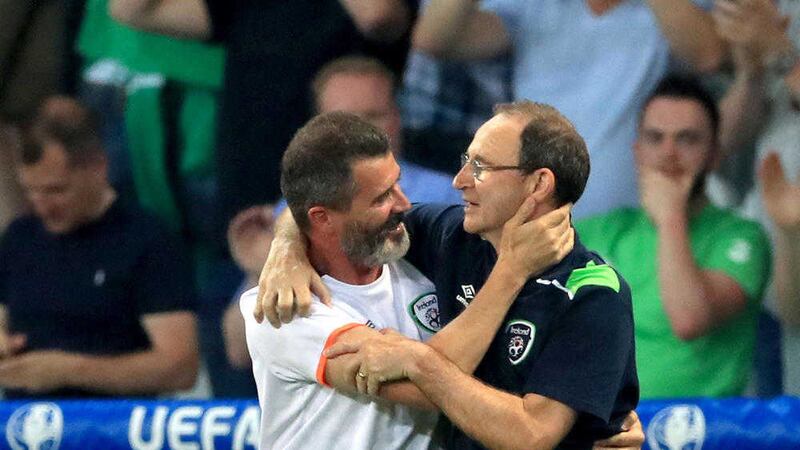 Republic of Ireland manager Martin O'Neill (right) and his assistant Roy Keane celebrate qualifying for the round-of-16 at Euro 2016