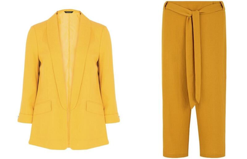 Bonmarche Mustard Plain Coloured Blazer, &pound;38; Lightweight Tie Front Cullottes, &pound;20, available from Bonmarche.