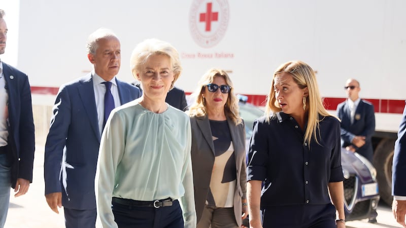 The President of the European Commission, Ursula von der Leyen and Italy’s Premier Giorgia Meloni visit the island of Lampedusa (Cecilia Fabiano/LaPresse via AP)
