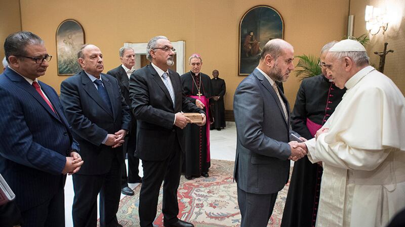 Pope Francis meets with a delegation of Palestinian religious and intellectual representatives, at the Vatican, Wednesday, Dec. <br />6, 2017&nbsp;