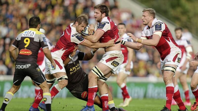 Chris Henry and Iain Henderson win possession for Ulster during the European Cup clash against La Rochelle at Stade Marcel Deflandre, La Rochelle, France on Sunday October 22 2017. Picture by John Dickson / DICKSONDIGITAL.. 