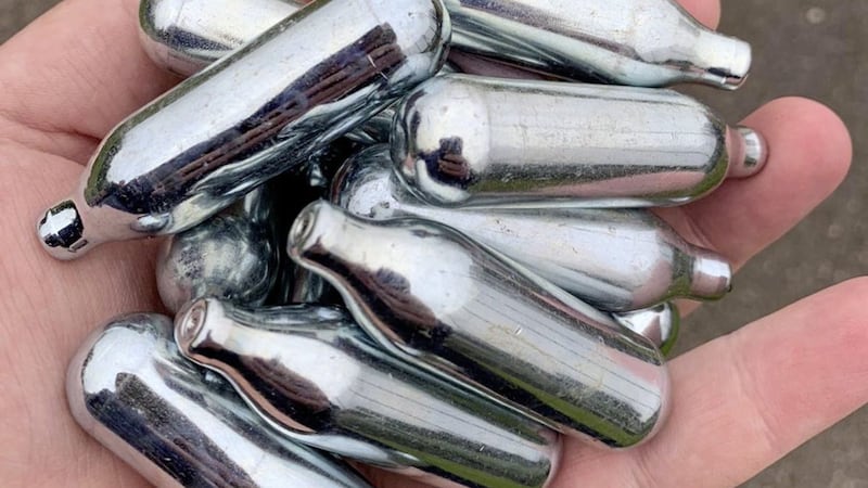 Some of the empty Nitrous Oxide canisters found in Marrowbone Park in north Belfast this week 