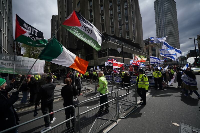 Pro-Israel supporters and pro-Palestine supporters hold opposing demonstrations in Tottenham Court Road, in central London