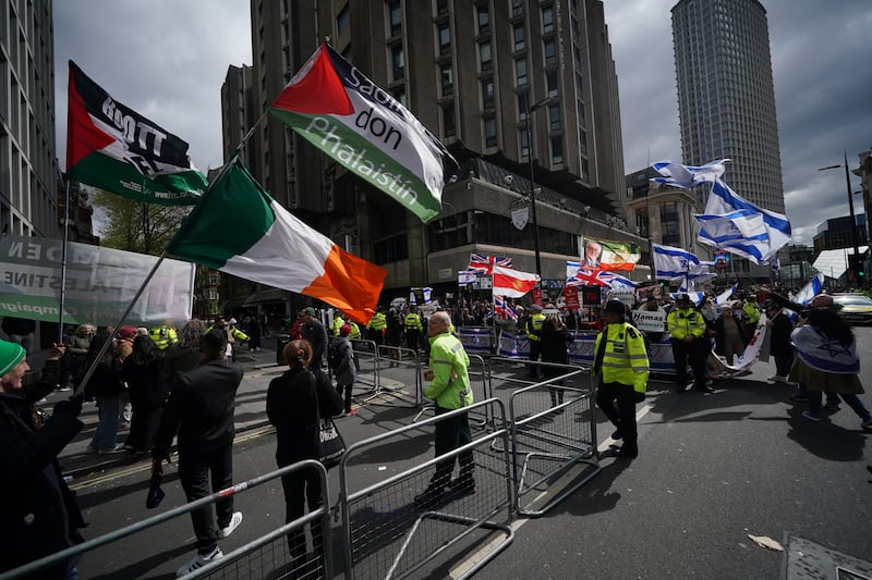 Pro-Israel supporters and pro-Palestine supporters hold opposing demonstrations in Tottenham Court Road, in central London