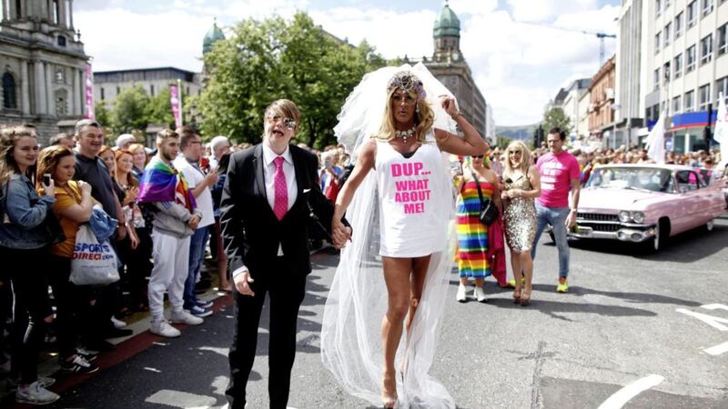 The DUP is coming under increasing pressure over its stance on issues such as marriage equality, as these participants in the Belfast Pride parade made clear earlier this month. Picture by Peter Morrison/PA Wire 
