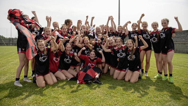 Down playes celebrate after their victory in 2023 All-Ireland U14 Silver Final between Down and Monaghan at Clan na Gael GAA Club in Dundalk Picture: Stephen Marken/Sportsfile  