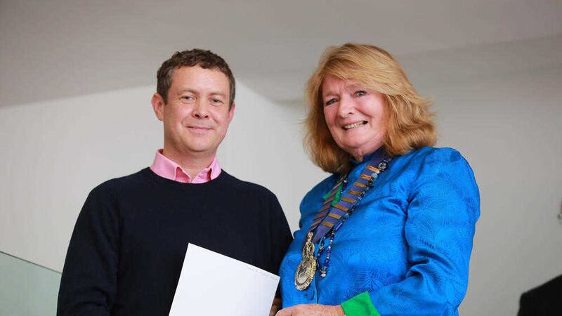 Simon McWilliams, son of the late Joseph McWilliams, with RUA president Dr Denise Ferran at the Ulster Museum 