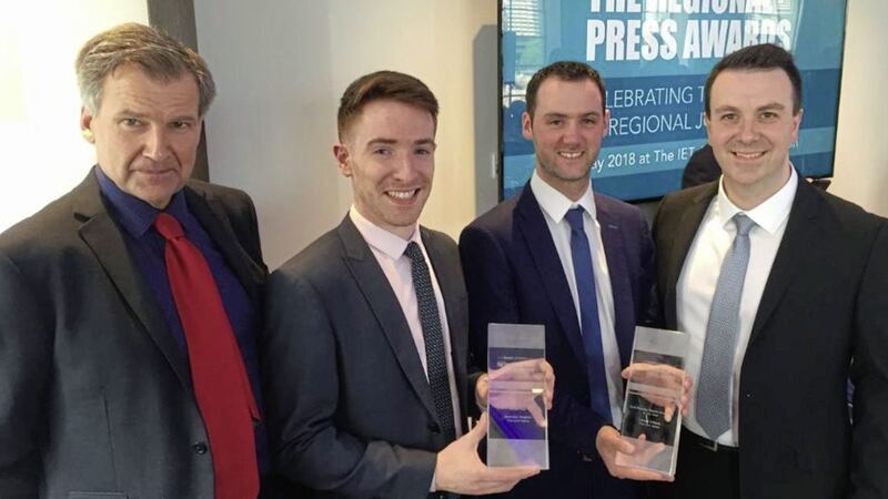 Irish News editor Noel Doran (left) with journalists Brendan Hughes, Cahair O&#39;Kane and Neil Loughran at the ceremony in London 