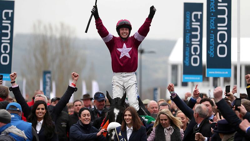 &nbsp;Bryan Cooper celebrates on board Don Cossack after winnig the Gold Cup on the last day of the Cheltenham Festival yesterday &nbsp; &nbsp; &nbsp;