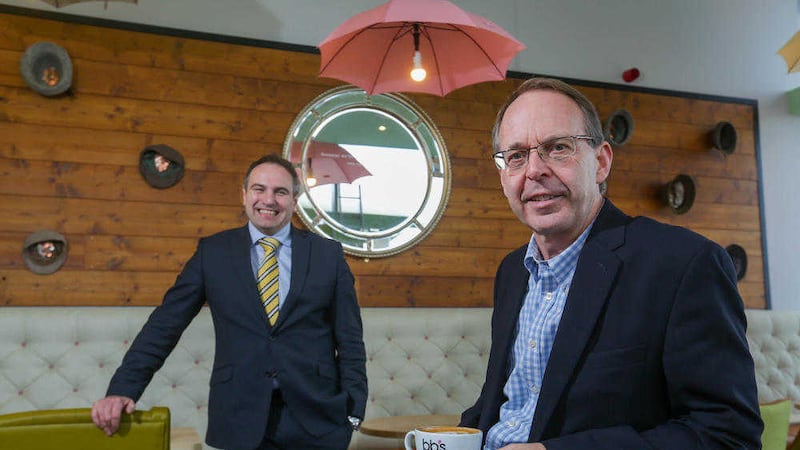 At the launch of the first BB&rsquo;s coffee and muffins store in Northern Ireland from left, Chris Nelmes, The Outlet and Andrew Moyes CEO of BB&rsquo;s 