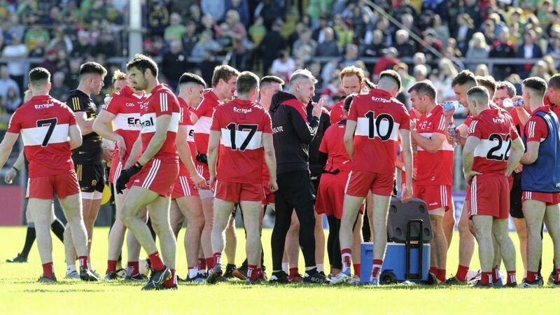 Derry manager Rory Gallagher prepares his team for extra-time against Donegal at Clones. Picture Margaret McLaughlin 