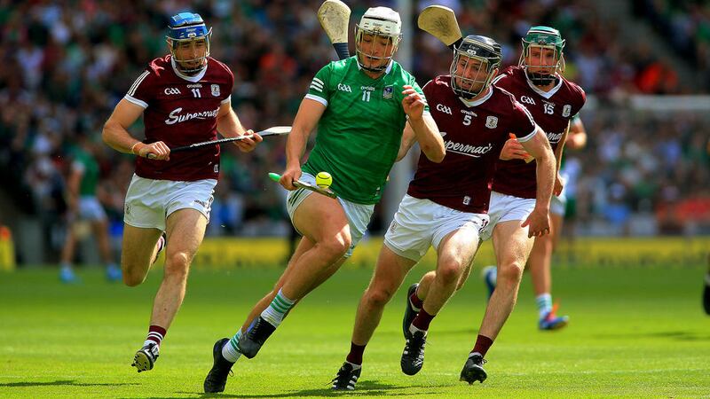 Limerick's Kyle Hayes heads for goal as Galway's Conor Cooney, Padraic Mannion and Cathal Mannion give chase during Sunday's All-Ireland SHC semi-final at Croke Park<br />Picture: Seamus Loughran&nbsp;