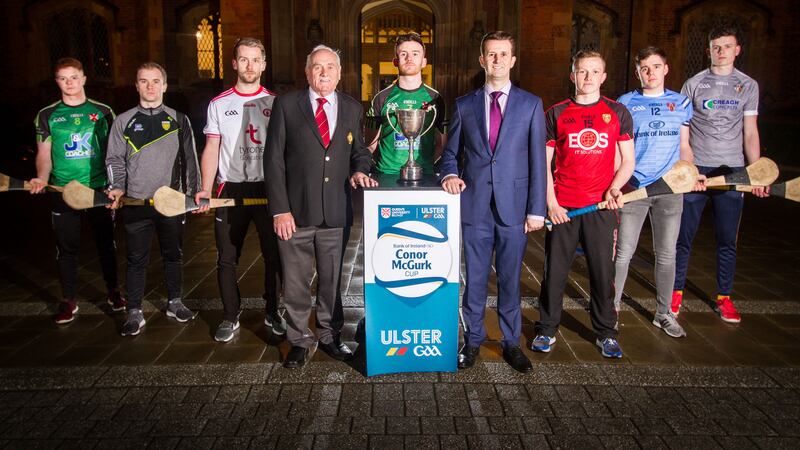 Players from Down, Antrim, Donegal, Tyrone, Queen&rsquo;s and Ulster University  with Ulster GAA vice-president Oliver Galligan and William Thompson, head of  consumer banking NI with Bank of Ireland, at the launch of the 2018 Conor McGurk  Cup. Picture by Brendan Digney
