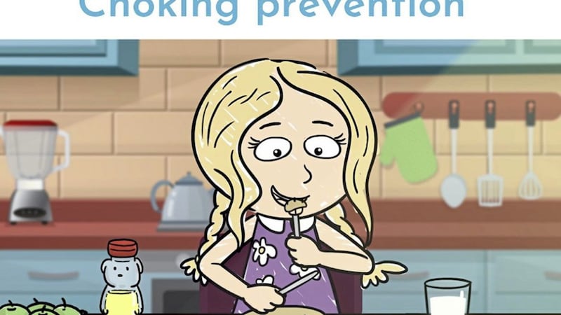 The animation warns parents and guardians of potential choking hazards for young children 
