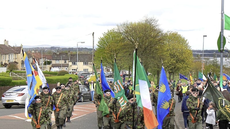 Dozens of men and women dressed in military-style clothing took part in an Easter Rising parade through Derry. Picture Margaret McLaughlin  17-4-17.