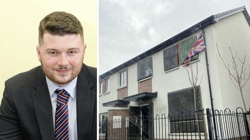 DUP councillor Dale Pankhurst, and right, a house in the Ballysillan area of north Belfast targeted in a sectarian attack 