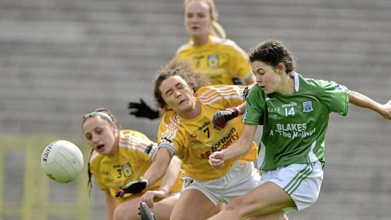 Eimear Smyth of Fermanagh in action against Saoirse Tennyson of Antrim during the Lidl Ladies NFL Division 4 Final between Antrim and Fermanagh at St Tiernach&#39;s Park, Clones, Co.Monaghan on May 4 2019. Photo by Matt Browne/Sportsfile. 