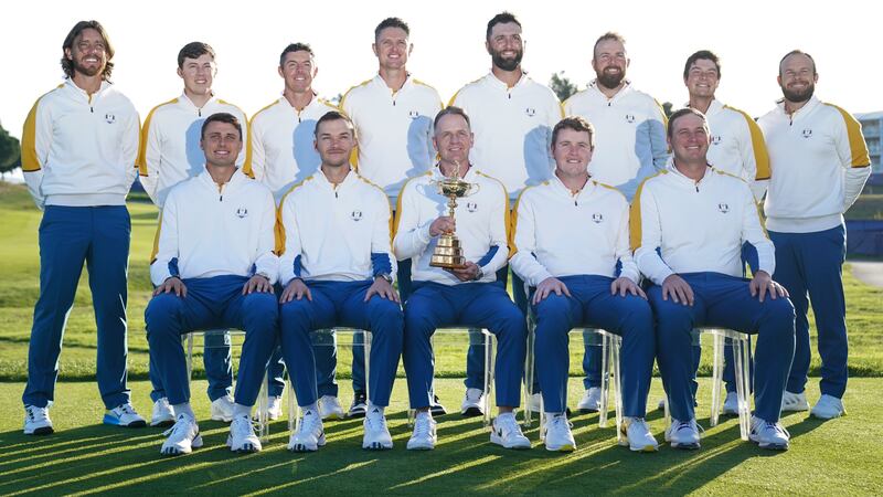 Team Europe captain Luke Donald with the Ryder Cup during a team group photo at Marco Simone ahead of the 2023 Ryder Cup (David Davies/PA)