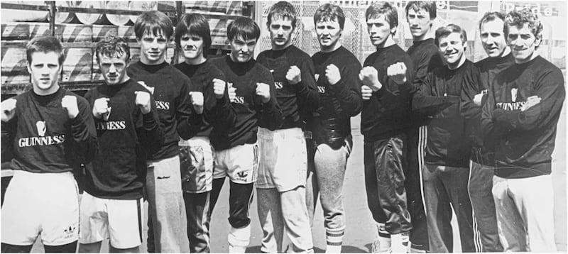 Tommy Corr, centre, with Gerry Duddy, Gerry Hawkins, Tony Dunlop, Roy Nash, Billy McClean, Gerry Storey jr, David Irving, Sam Storey, Michael Hawkins, Frank Gervin and Bobby McAllister 