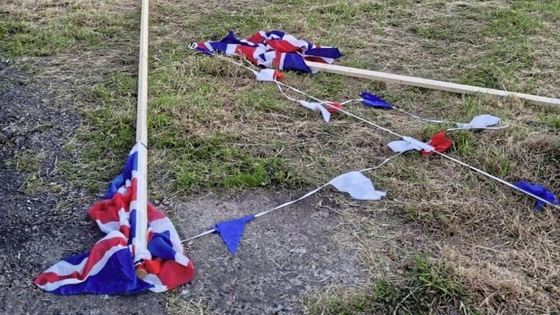 Union flags and bunting have been torn down at a Twelfth celebration field at Castlecaufield in Co Tyrone. Picture: Cllr Clement Cuthbertson, Facebook 