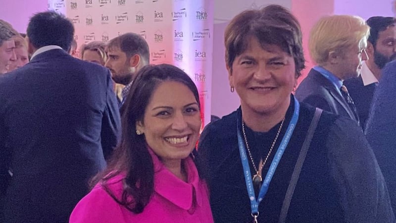 Arlene Foster pictured at the Tory conference with Home Secretary Priti Patel. Picture by Twitter  