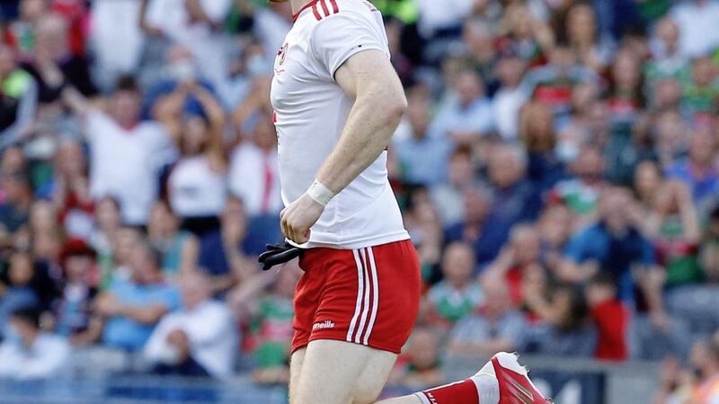 Cathal McShane celebrates after turning home Conor Meyler&#39;s superb pass with his first touch to put Tyrone in the box seat during Satnurday&#39;s All-Ireland final. Picture by Philip Walsh 