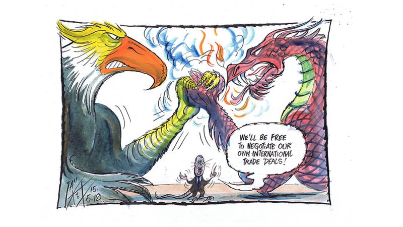 Ian Knox cartoon 15/5/19: As hawks in Washington and Beijing continue to assert themselves, Nigel Farage&rsquo;s small island populism, sounds increasingly unhinged to those who are not his devoted followers&nbsp;