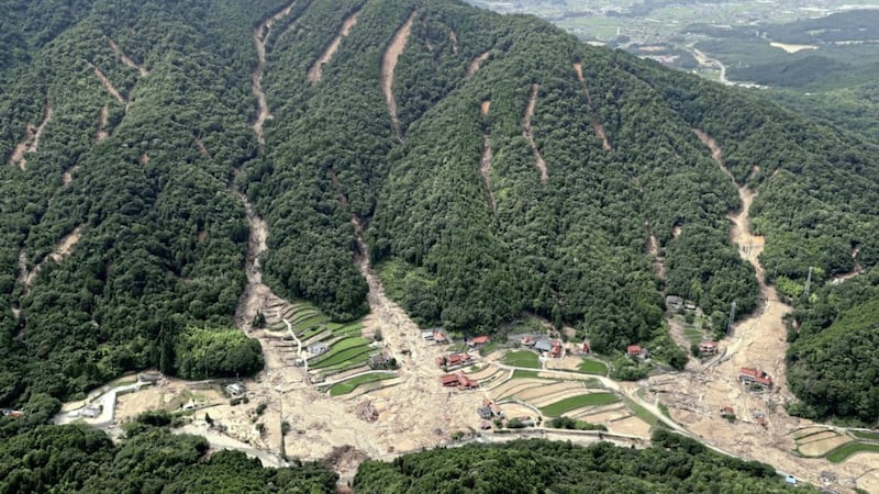 The sites of landslides in Kure, Hiroshima prefecture, southwestern Japan on Wednesday. Picture by Kyodo News via Associated Press. 