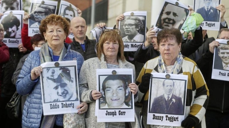 The three families of victims Eddie Doherty, Joseph Corr and Danny Teggart gave evidence to the inquest yesterday. Family members, from left, Kathleen McGarry, Eileen McKeown and Alice Harper. Picture by Hugh Russell 