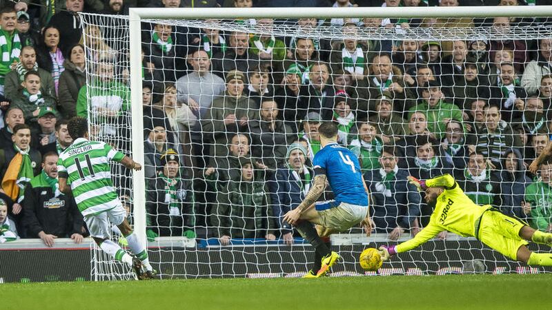 Celtic's Scott Sinclair scores during the Ladbrokes Scottish Premiership match at Ibrox Stadium, Glasgow&nbsp;